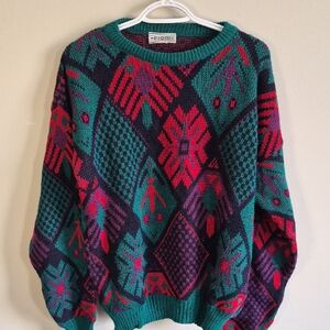 Fiore Teal Geometric Crewneck Sweater with Red & Purple Accents